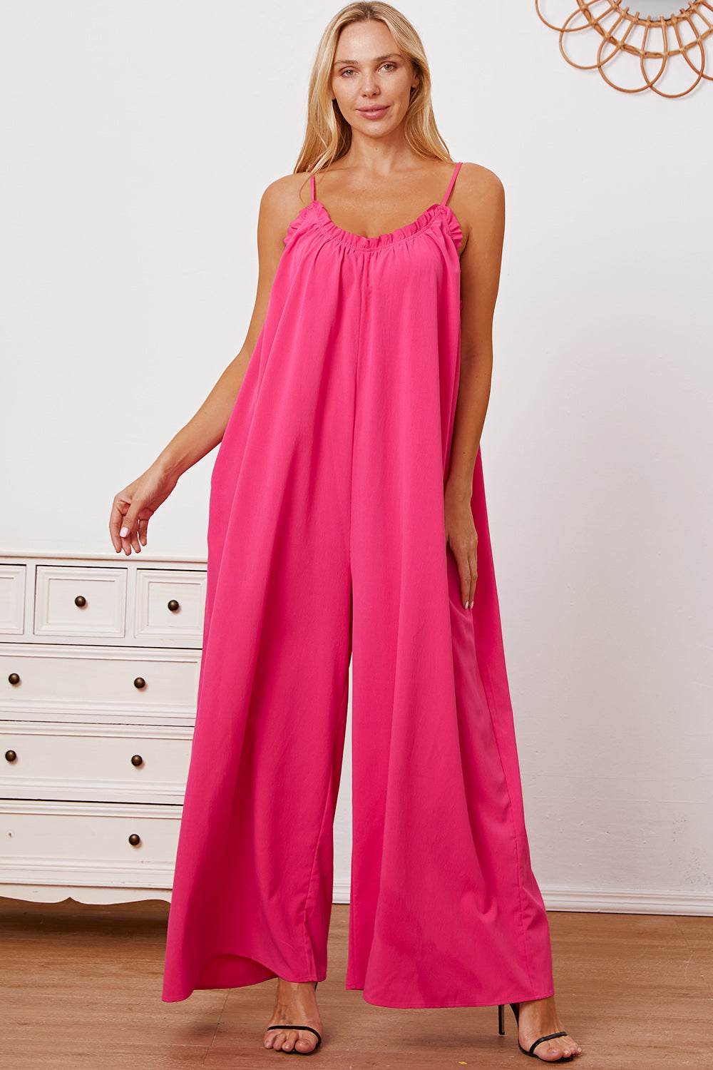 Double Take Full Size Ruffle Trim Tie Back Cami Jumpsuit with Pockets - Shop Style & More | Fresh Looks, Everyday Deals & Free Shipping