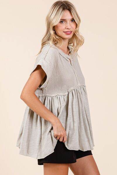 Mittoshop Mixed Media Mineral Wash Babydoll Short Sleeve Blouse - Shop Style & More | Fresh Looks, Everyday Deals & Free Shipping