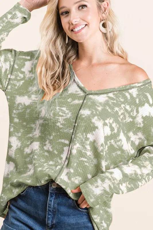BiBi Tie Dye Print Waffle V Neck Top with Contrast - Shop Style & More | Fresh Looks, Everyday Deals & Free Shipping