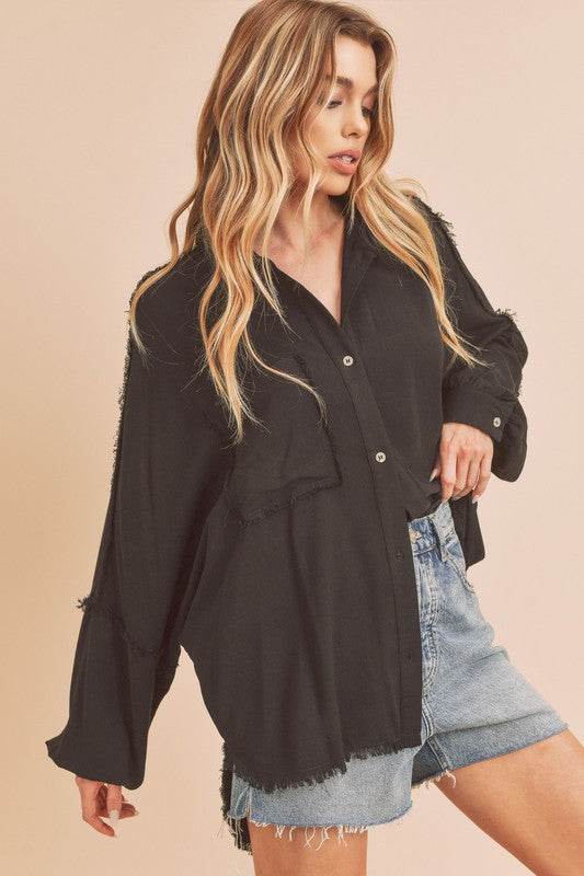 Aemi + Co Raw Edge Exposed Seam Collared Neck Long Sleeve Shirt - Shop Style & More | Fresh Looks, Everyday Deals & Free Shipping