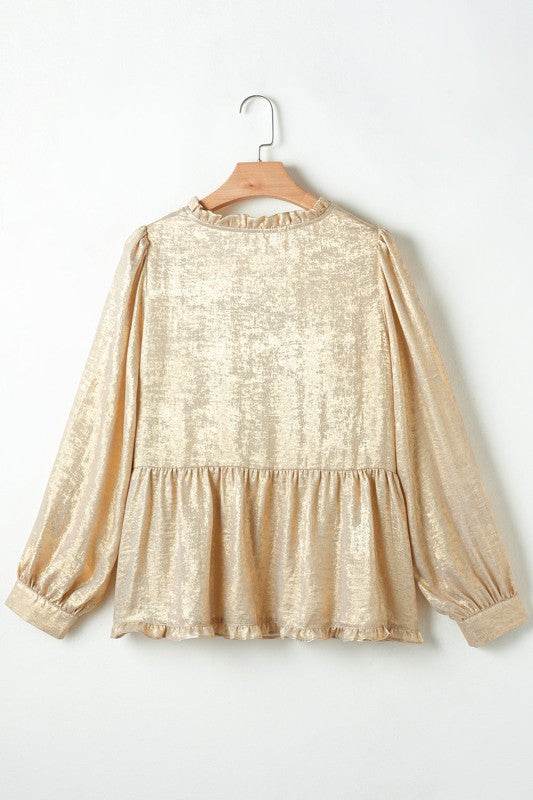 Metallic Frilled V Neck Puff Sleeve Babydoll Blous - Shop Style & More | Fresh Looks, Everyday Deals & Free Shipping