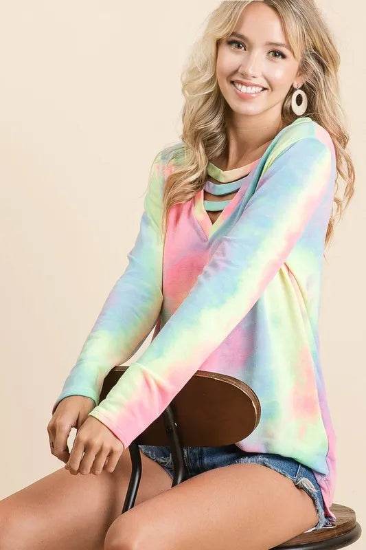BiBi Tie Dye French Terry V-Neck Top with Strapped - Shop Style & More | Fresh Looks, Everyday Deals & Free Shipping