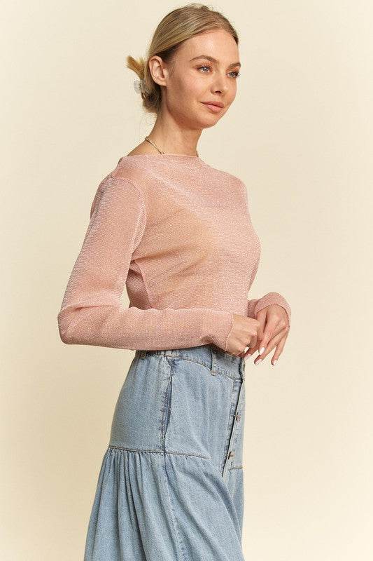Davi & Dani Glitter Mesh Lettuce Hem Long Sleeve Top - Shop Style & More | Fresh Looks, Everyday Deals & Free Shipping