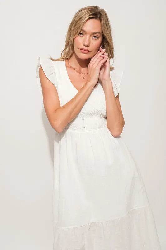 And The Why Ruffle Sleeve Front Smocked Tiered Midi Dress - Shop Style & More | Fresh Looks, Everyday Deals & Free Shipping