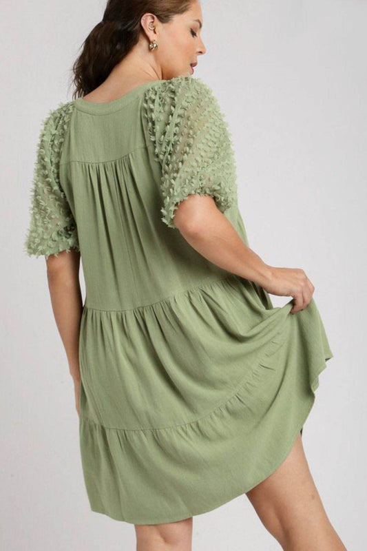 Umgee Full Size Linen Tiered A-Line Split Neck Dress Plus Size - Shop Style & More | Fresh Looks, Everyday Deals & Free Shipping