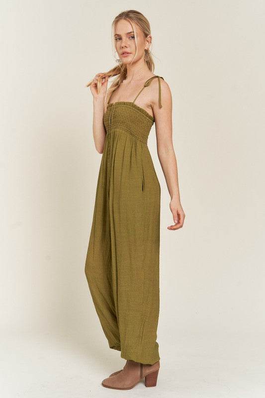 SMOCKED TIE STRAP JUMPSUIT - Shop Style & More | Fresh Looks, Everyday Deals & Free Shipping