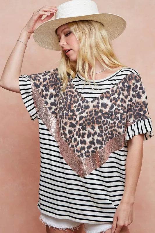 BiBi Stripe Rayon Span Knit Color Block Top With Leopard - Shop Style & More | Fresh Looks, Everyday Deals & Free Shipping
