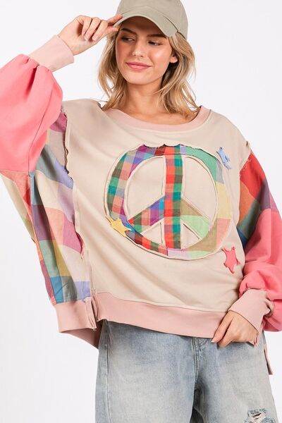 SAGE + FIG Full Size Contrast Peace Patch Dropped Shoulder Sweatshirt - Shop Style & More | Fresh Looks, Everyday Deals & Free Shipping