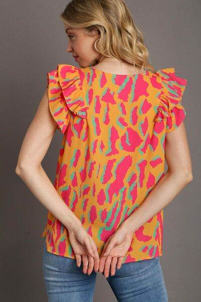 Umgee Full Size Abstract Print V-Neck Double Layer Ruffle Sleeve Blouse Plus Size - Shop Style & More | Fresh Looks, Everyday Deals & Free Shipping