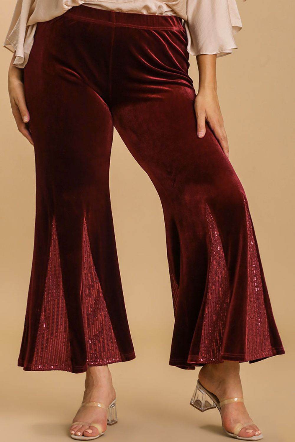 Umgee Full Size Sequin Elastic Waist Velvet Stretch Flare Leg Pants Plus Size - Shop Style & More | Fresh Looks, Everyday Deals & Free Shipping