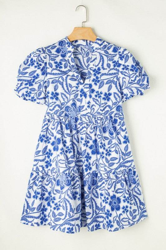 Blue Flower Print Puff Sleeve Tiered Dress - Shop Style & More | Fresh Looks, Everyday Deals & Free Shipping