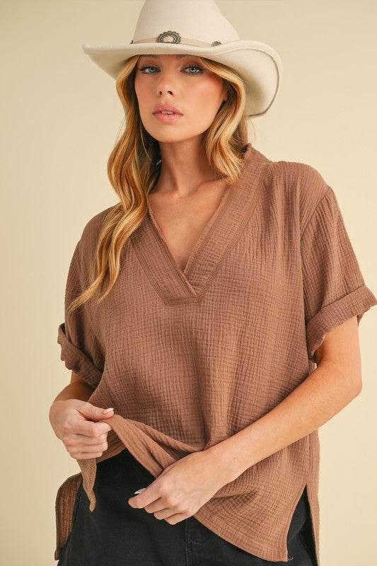 Aemi + Co Side Slit V-Neck Short Sleeve Blouse - Shop Style & More | Fresh Looks, Everyday Deals & Free Shipping