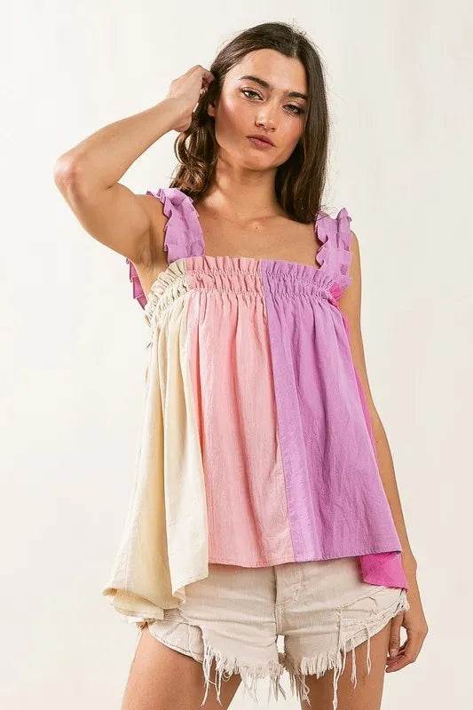 BiBi Frill Shoulder Strap Color Block Bodice Top - Shop Style & More | Fresh Looks, Everyday Deals & Free Shipping