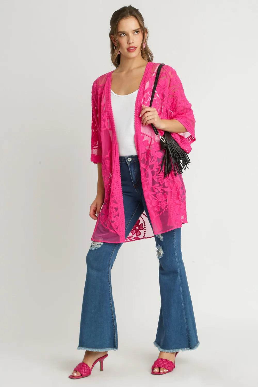 Umgee Full Size Floral Lace Open Front Kimono Sleevee Cover Up with Waist Tie Plus Size - Shop Style & More | Fresh Looks, Everyday Deals & Free Shipping