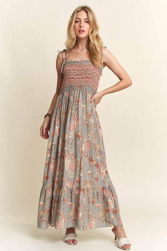 ADORA Smocked Printed Square Neck Tie Shoulder Cami Dress - Shop Style & More | Fresh Looks, Everyday Deals & Free Shipping