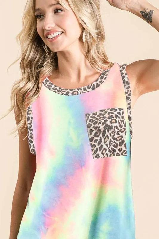 BiBi Sleeveless Tie Dye Top With Leopard Band - Shop Style & More | Fresh Looks, Everyday Deals & Free Shipping