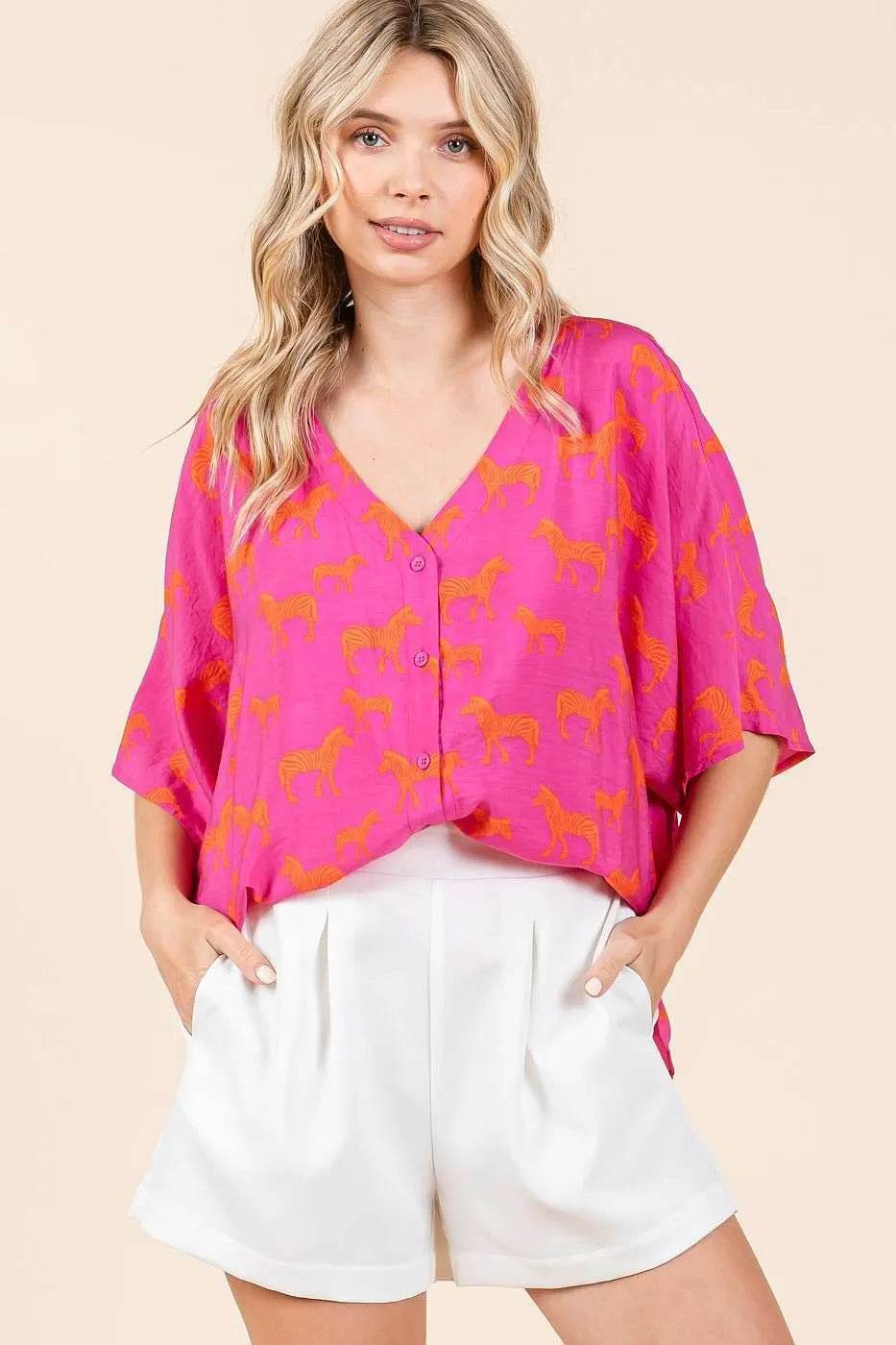 Mittoshop Zebra Print V-Neck Button Down Dolman Sleeve Top - Shop Style & More | Fresh Looks, Everyday Deals & Free Shipping