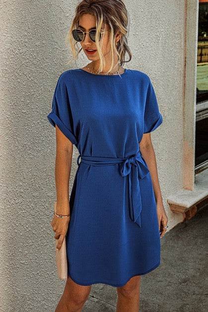 Solid Round Neck Tie Waist Belt Fit Dress - Shop Style & More | Fresh Looks, Everyday Deals & Free Shipping