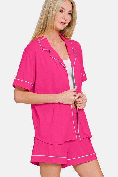 Zenana Button Down Short Sleeve Top and Shorts Lounge Set - Shop Style & More | Fresh Looks, Everyday Deals & Free Shipping