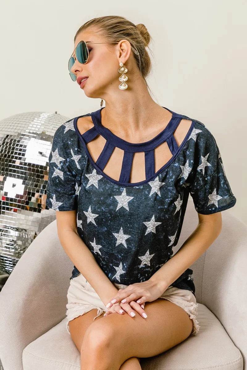 BiBi Vintage Star Print Top With Contrast Caged Neck - Shop Style & More | Fresh Looks, Everyday Deals & Free Shipping