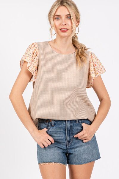Ces Femme Round Neck Floral Short Sleeve Top Blouses