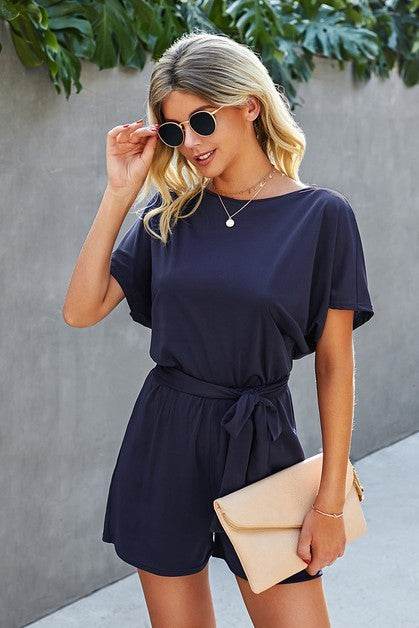 Boat Neck Short Sleeve Waist Tie Loose Romper - Shop Style & More | Fresh Looks, Everyday Deals & Free Shipping