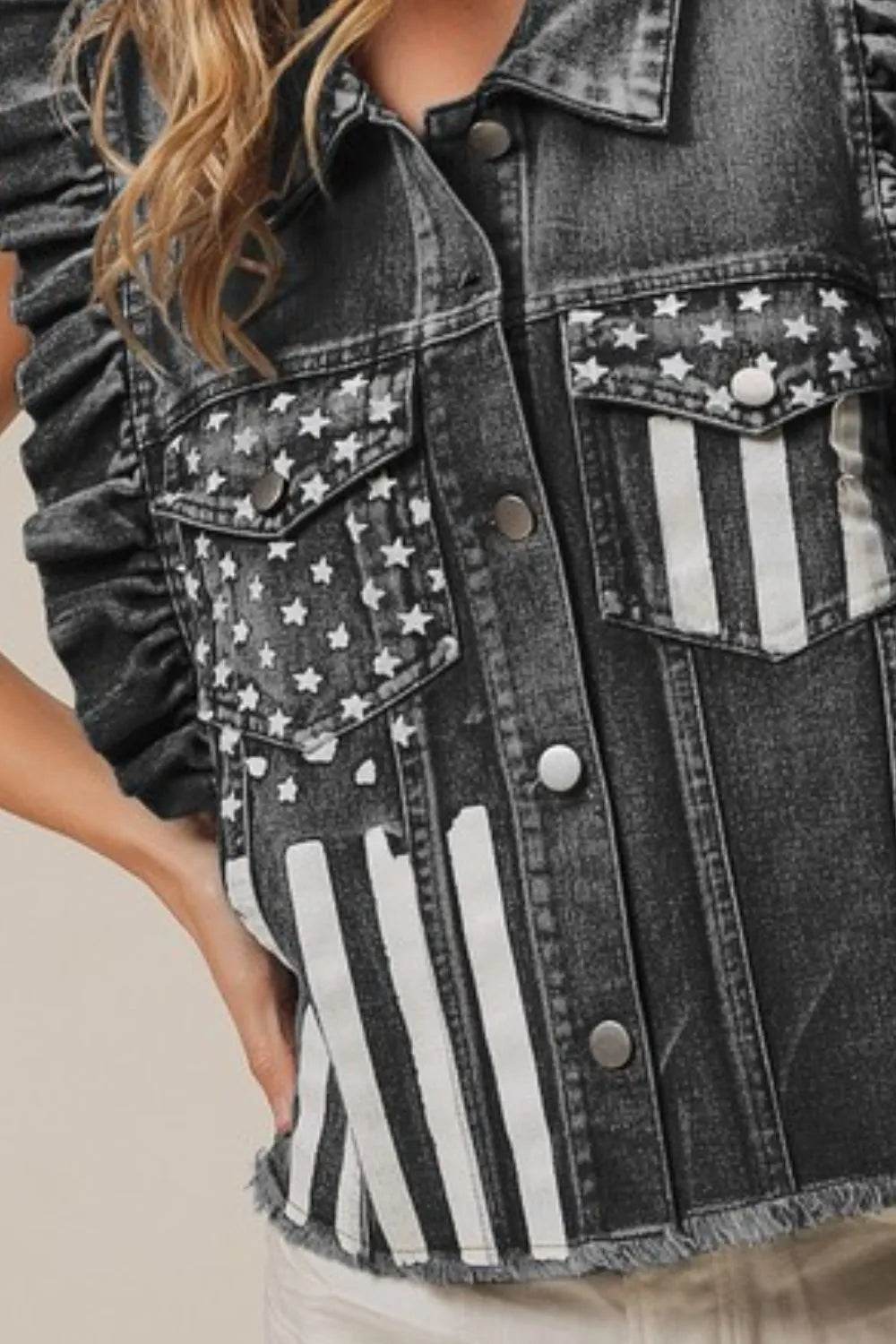 BiBi American Flag Washed Denim Jacket - Shop Style & More | Fresh Looks, Everyday Deals & Free Shipping