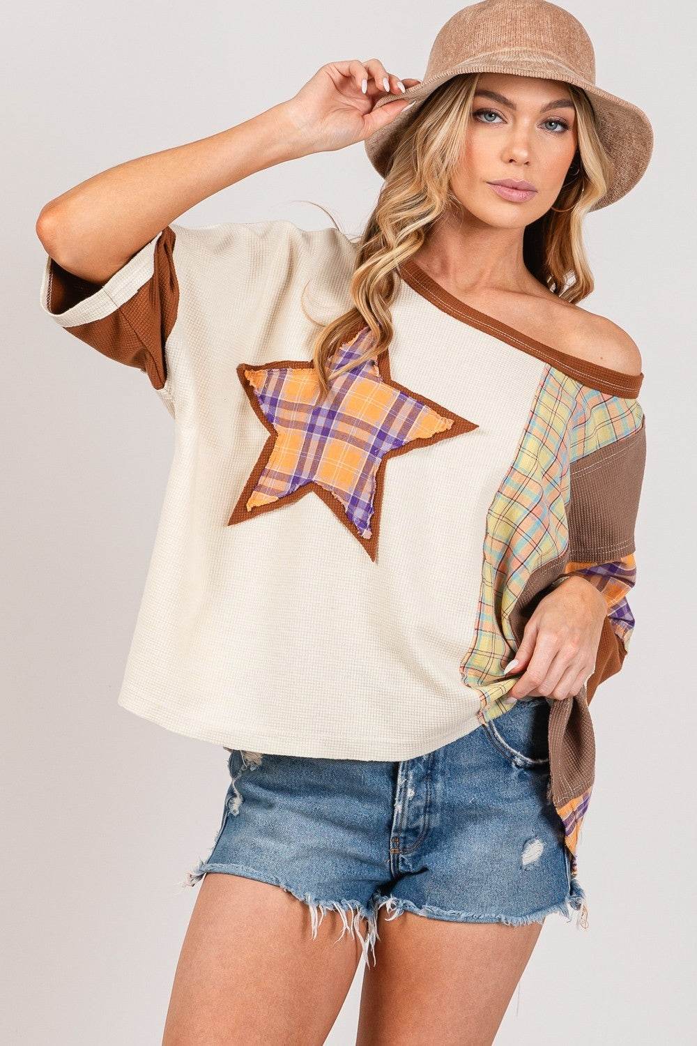 SAGE + FIG Round Neck Plaid Star Patch T-Shirt - Shop Style & More | Fresh Looks, Everyday Deals & Free Shipping