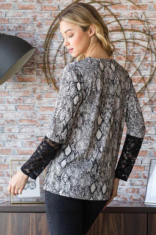 Heimish Full Size Snakeskin Print Round Neck Lace Contrast Top - Shop Style & More | Fresh Looks, Everyday Deals & Free Shipping
