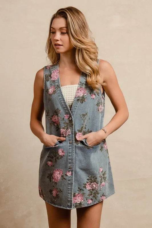 BiBi Floral Print Washed Denim Long Rider Vest - Shop Style & More | Fresh Looks, Everyday Deals & Free Shipping