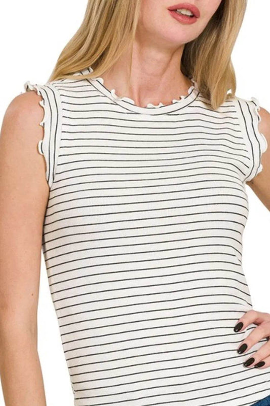 Zenana Ribbed Ruffle Trim Sleeveless Stripe Top - Shop Style & More | Fresh Looks, Everyday Deals & Free Shipping
