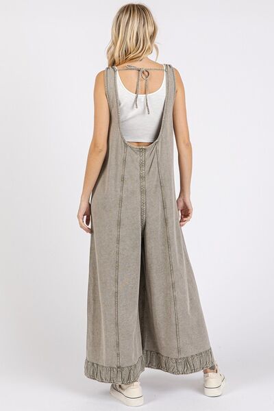 Mittoshop Ruffled Hem Wide Leg Overalls with Pockets Jumpsuits