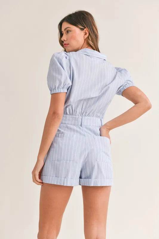 MABLE Striped Puff Sleeve Collared Neck Romper - Shop Style & More | Fresh Looks, Everyday Deals & Free Shipping