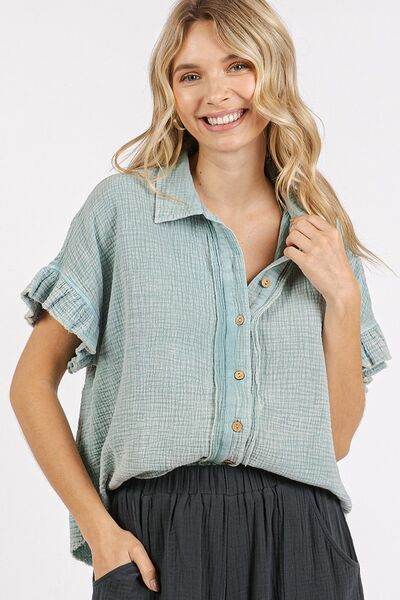 Mittoshop Mineral Washed Button Down Flounce Sleeve Shirt - Shop Style & More | Fresh Looks, Everyday Deals & Free Shipping