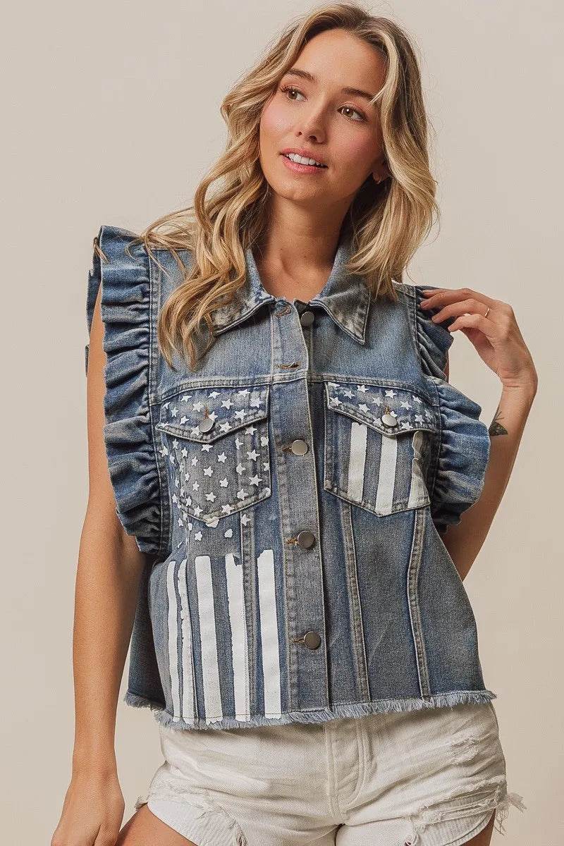 BiBi American Flag Washed Denim Jacket - Shop Style & More | Fresh Looks, Everyday Deals & Free Shipping