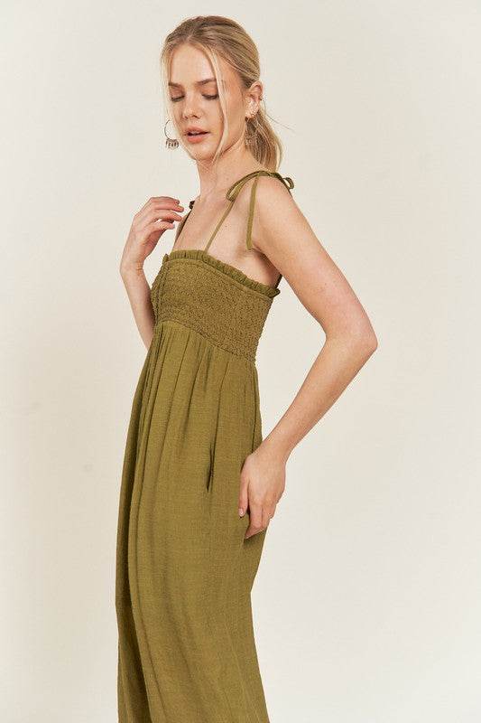 SMOCKED TIE STRAP JUMPSUIT - Shop Style & More | Fresh Looks, Everyday Deals & Free Shipping