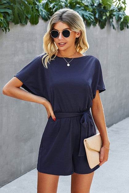 Boat Neck Short Sleeve Waist Tie Loose Romper - Shop Style & More | Fresh Looks, Everyday Deals & Free Shipping