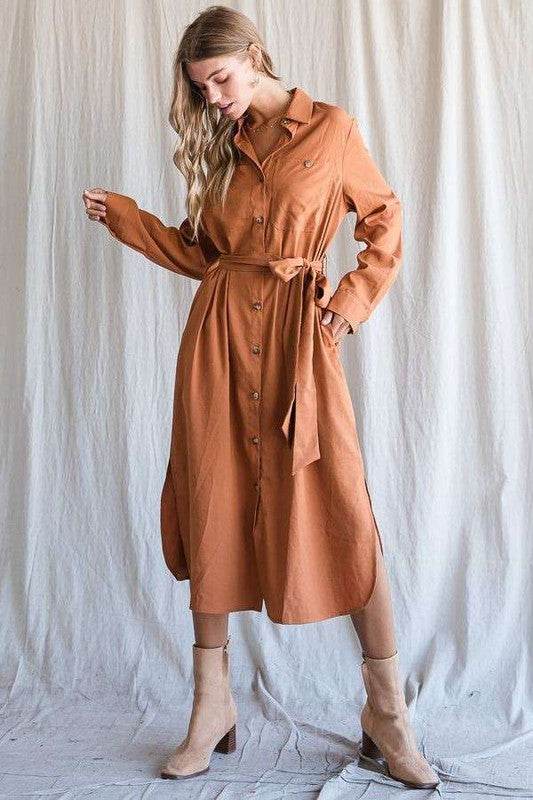 SOLID BUTTON DOWN BELTED LONG DRESS 30-545 - Shop Style & More | Fresh Looks, Everyday Deals & Free Shipping