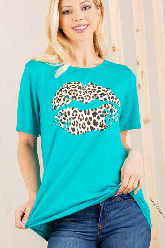 Heimish Full Size Leopard Lip Round Neck Short Sleeve T-Shirt Plus Size - Shop Style & More | Fresh Looks, Everyday Deals & Free Shipping