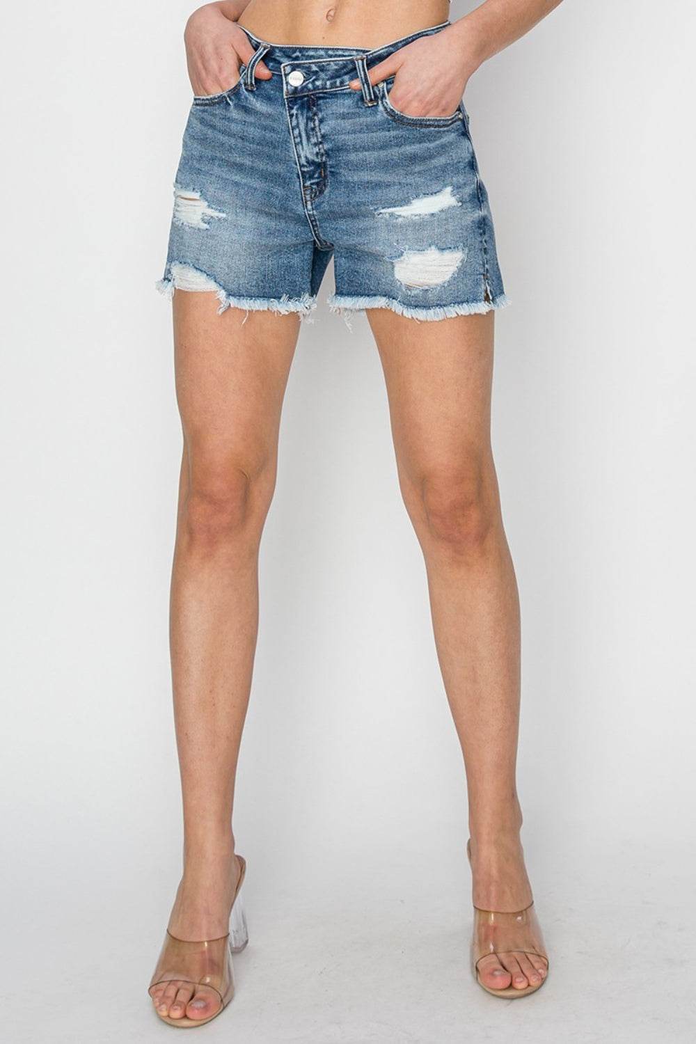 RISEN Stepped Waist Frayed Denim Shorts - Shop Style & More | Fresh Looks, Everyday Deals & Free Shipping