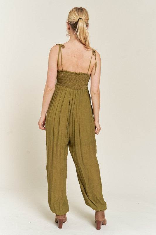 SMOCKED TIE STRAP JUMPSUIT - Shop Style & More | Fresh Looks, Everyday Deals & Free Shipping