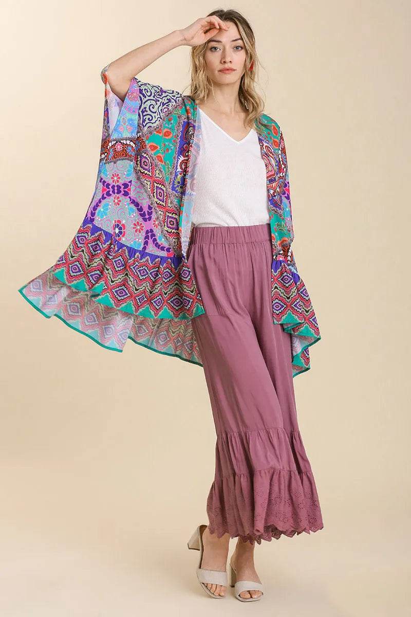 Umgee Full Size Mixed Print Ruffle Hem Open Front Cover Up Plus Size - Shop Style & More | Fresh Looks, Everyday Deals & Free Shipping