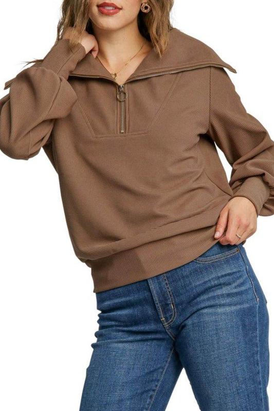 Umgee Full Size Ribbed Knit Half Zipper Sweatshirt Plus Size - Shop Style & More | Fresh Looks, Everyday Deals & Free Shipping