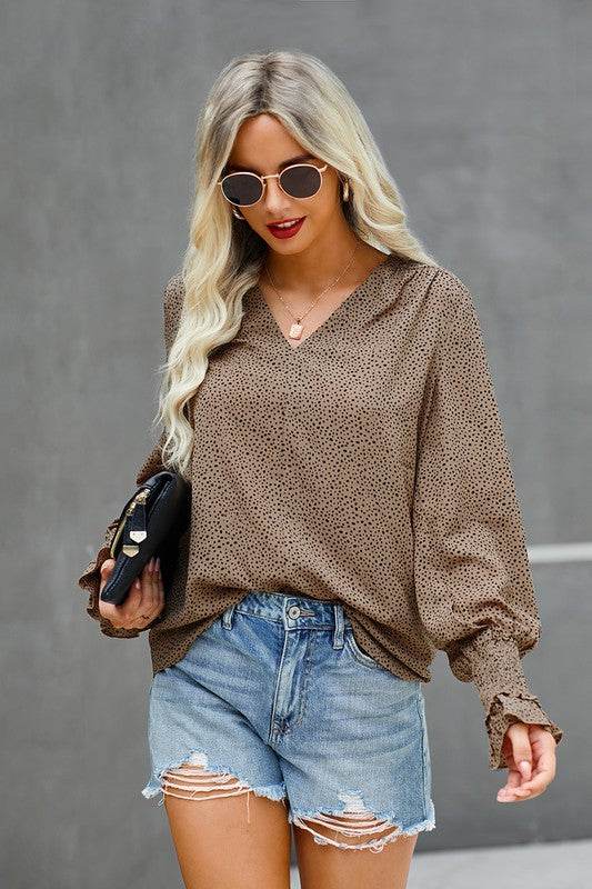 V Neck Dalmatian Print Bishop Sleeve Blouse - Shop Style & More | Fresh Looks, Everyday Deals & Free Shipping
