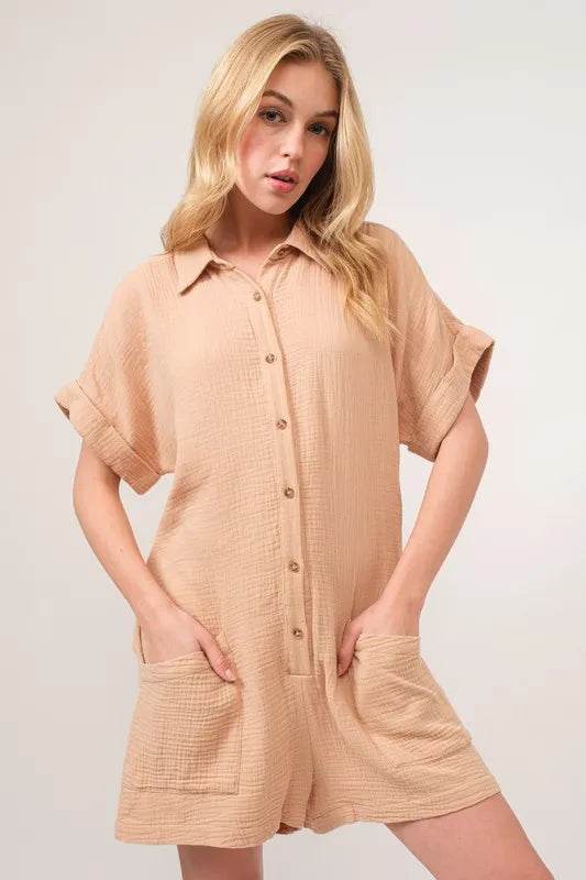 And The Why Washed Gauze Roll-up Sleeve Comfort Utility Romper - Shop Style & More | Fresh Looks, Everyday Deals & Free Shipping