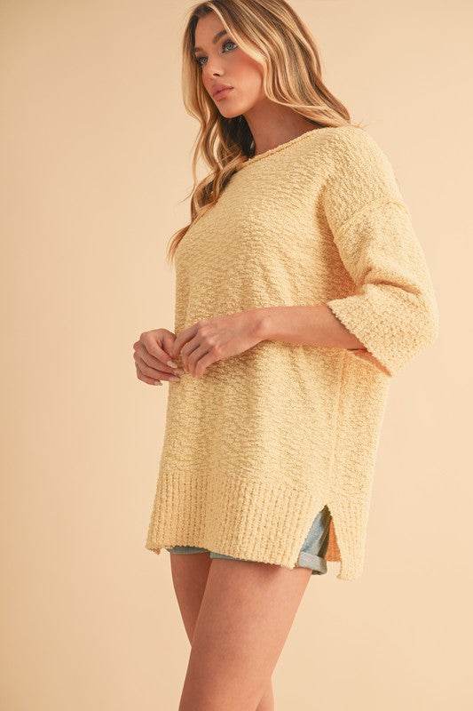 Aemi + Co Side Slit Ribbed Hem Round Neck Sweater - Shop Style & More | Fresh Looks, Everyday Deals & Free Shipping