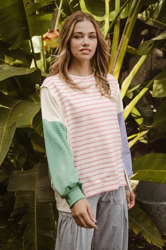 BiBi Exposed Seam Slit Striped Round Neck T-Shirt - Shop Style & More | Fresh Looks, Everyday Deals & Free Shipping