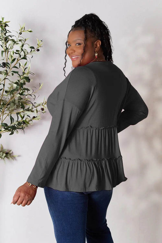 Double Take Half Button Long Sleeve Ruffle Hem Blouse - Shop Style & More | Fresh Looks, Everyday Deals & Free Shipping
