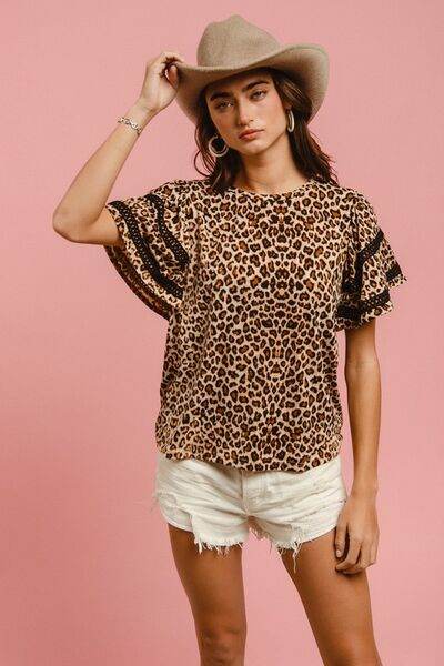 BiBi Leopard Crochet Trim Round Neck Short Sleeve Top - Shop Style & More | Fresh Looks, Everyday Deals & Free Shipping