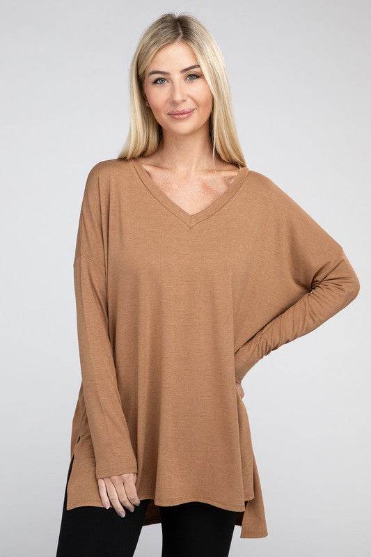 Dolman Long Sleeve V-Neck Side Slit Hi-Low Hem Top - Shop Style & More | Fresh Looks, Everyday Deals & Free Shipping